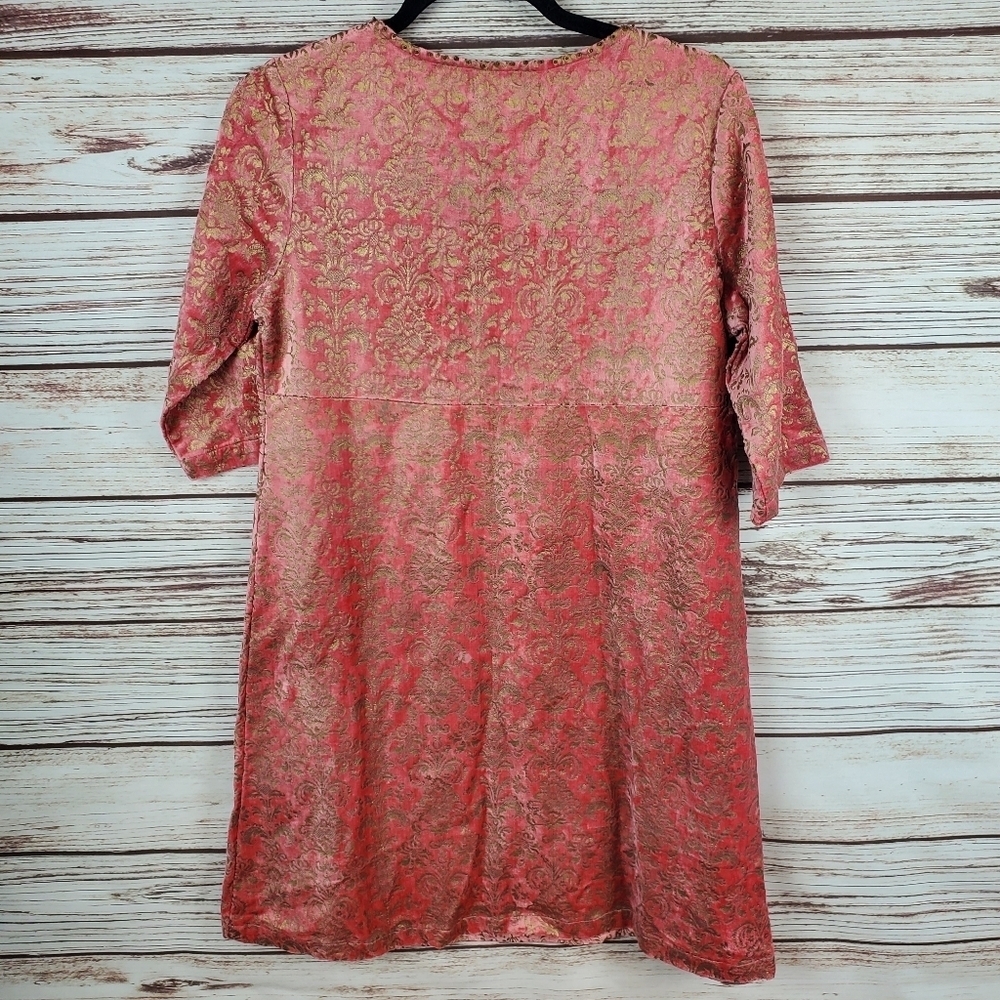 NWT April Cornell Womens XS Salmon/Gold Velvet Damask Embossed 3/4 Sleeve Dress - Picture 8 of 11
